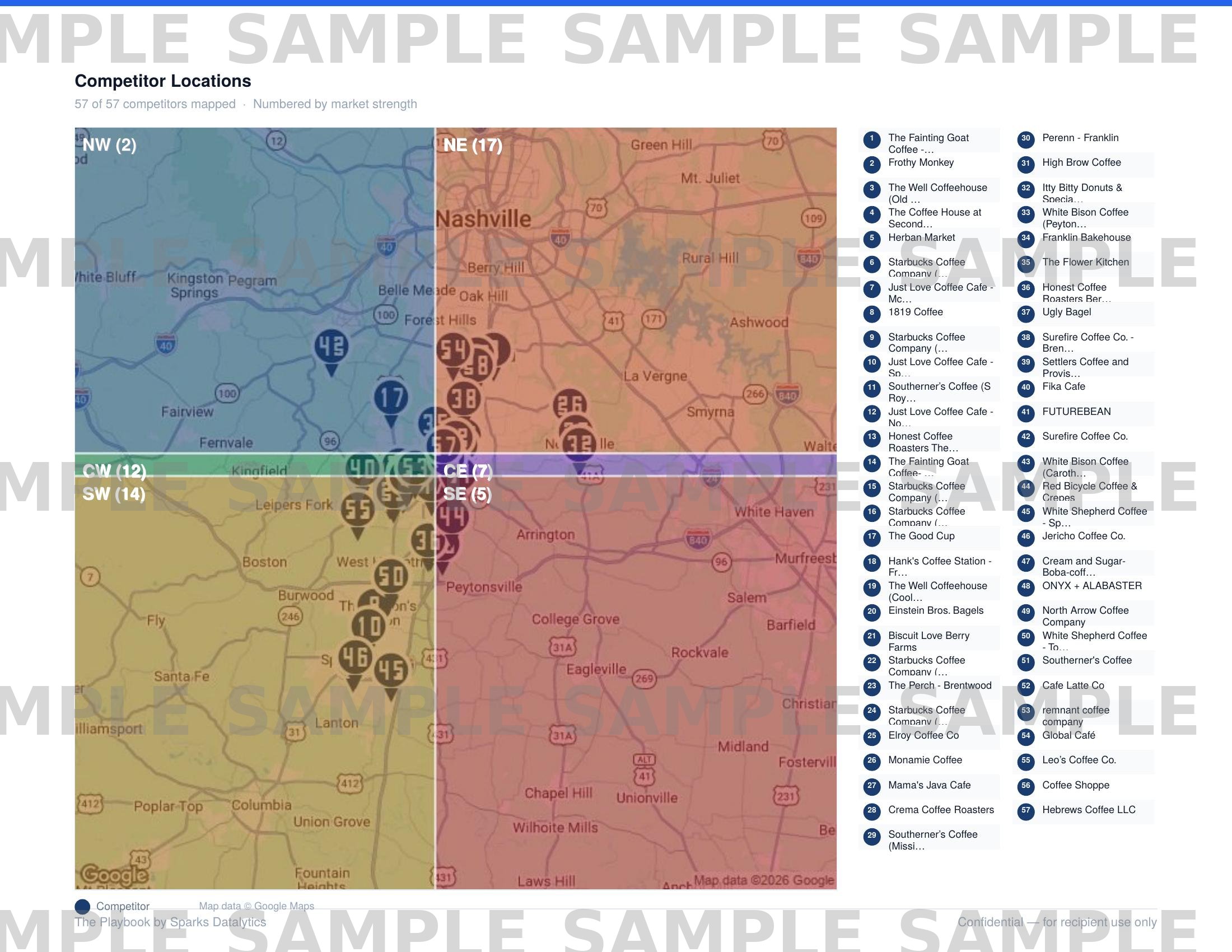 Competitor location map with zone overlays and ranked list